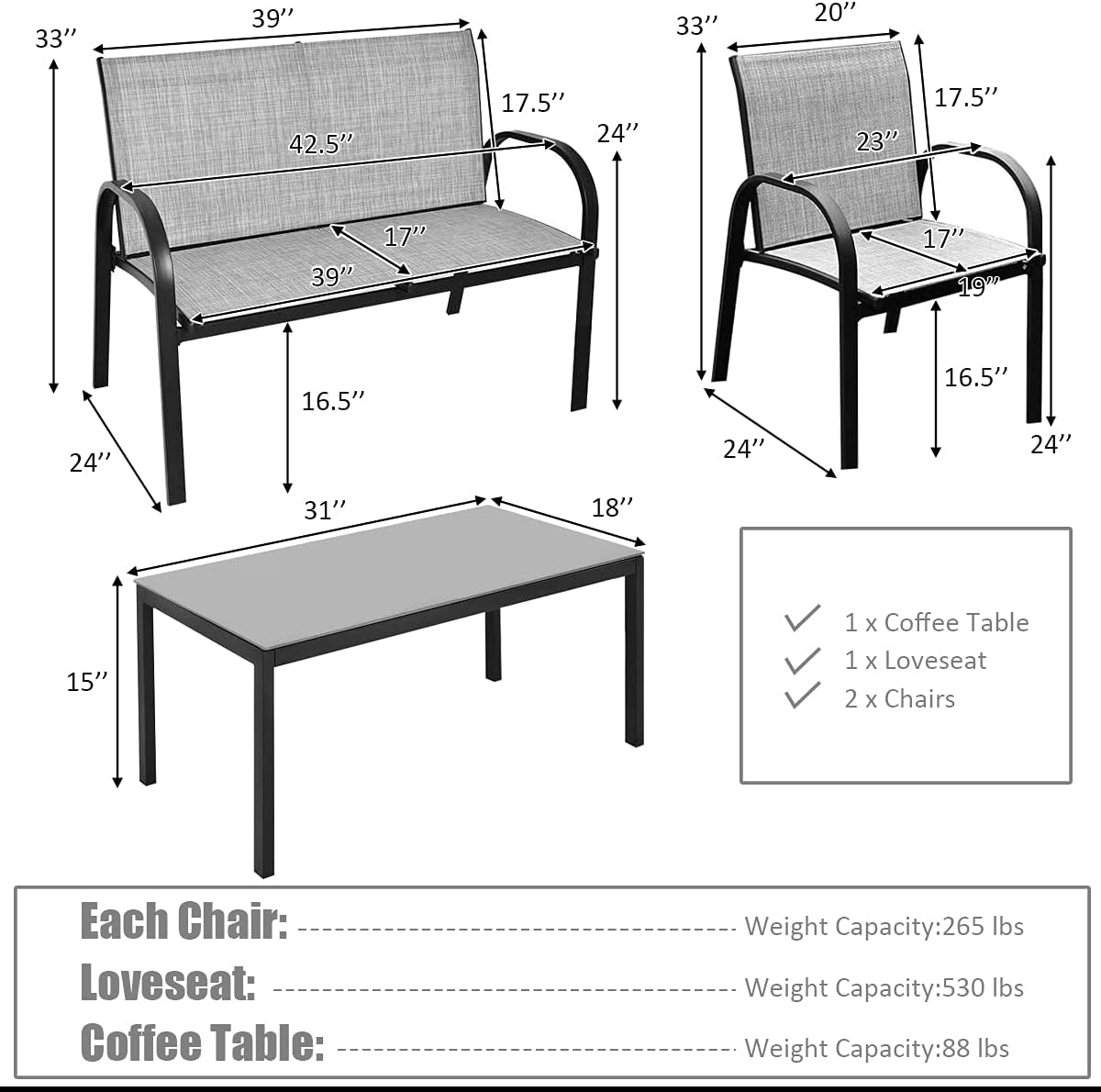 Tangkula 4 Pieces Patio Furniture Set, Metal Frame Heavy Duty Outdoor Conversation Set, Includes Glass Top Coffee Table, 2 Armrest Chairs and Loveseat, Suitable for Lawn Garden Porch Balcony (Gray)
