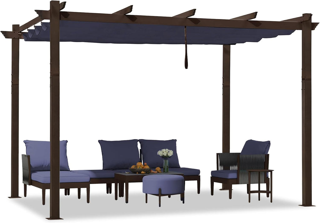 PURPLE LEAF Pergola 10' X 12' Outdoor Retractable Metal Patio Pergola with Shade Cover for Garden Yard Pavilion Grill for Beach Deck Gazebo, Navy Blue