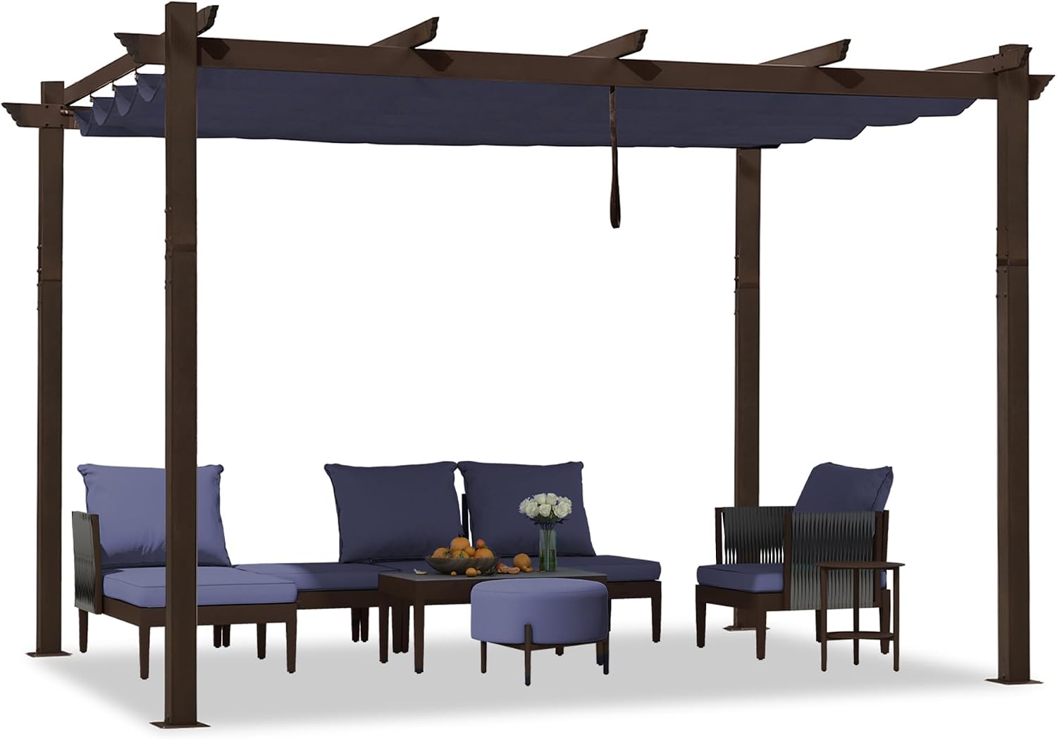 PURPLE LEAF Pergola 10' X 12' Outdoor Retractable Metal Patio Pergola with Shade Cover for Garden Yard Pavilion Grill for Beach Deck Gazebo, Navy Blue