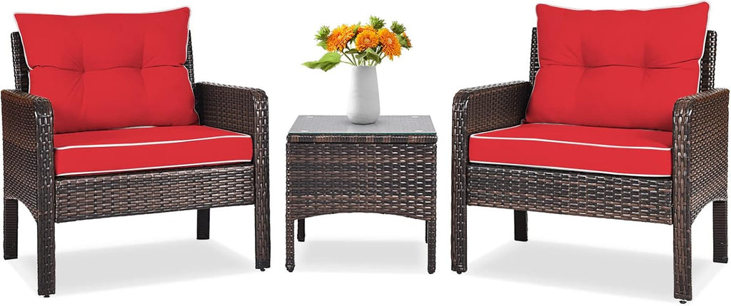 Tangkula 3 Piece Outdoor Patio Furniture Set, Wicker Chairs Set with Glass Top Coffee Table, Thick Cushions, All Weather Garden Lawn Poolside Backyard Porch Furniture Set for 2 (Red)