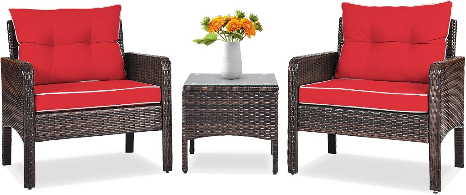 Tangkula 3 Piece Outdoor Patio Furniture Set, Wicker Chairs Set with Glass Top Coffee Table, Thick Cushions, All Weather Garden Lawn Poolside Backyard Porch Furniture Set for 2 (Red)