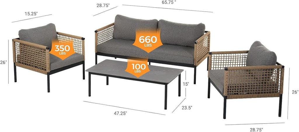 Grand patio Outdoor 4-Piece Conversation Set Rust Free Patio Furniture Set Open-Weave Wicker Olefin Modern Sofa Seating for Garden, Backyard, Balcony, Gray