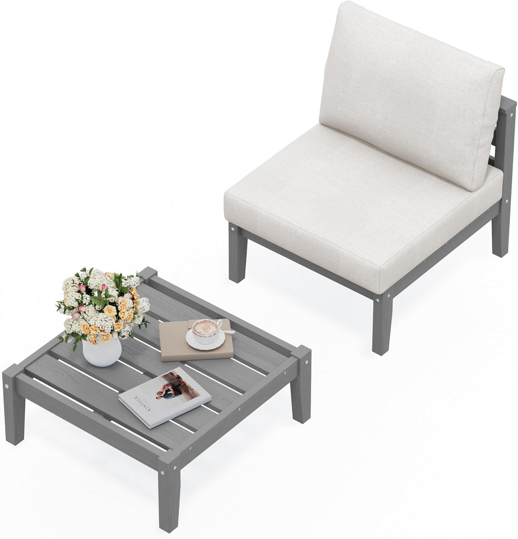 SERWALL HDPE Patio Furniture Set, 2 Pieces Outdoor Sectional Sofa Set, All-Weather Wood-Like Outdoor Sofa Couch with Coffee Table for Deck, Lawn, Grey Frame with Khaki Cushion