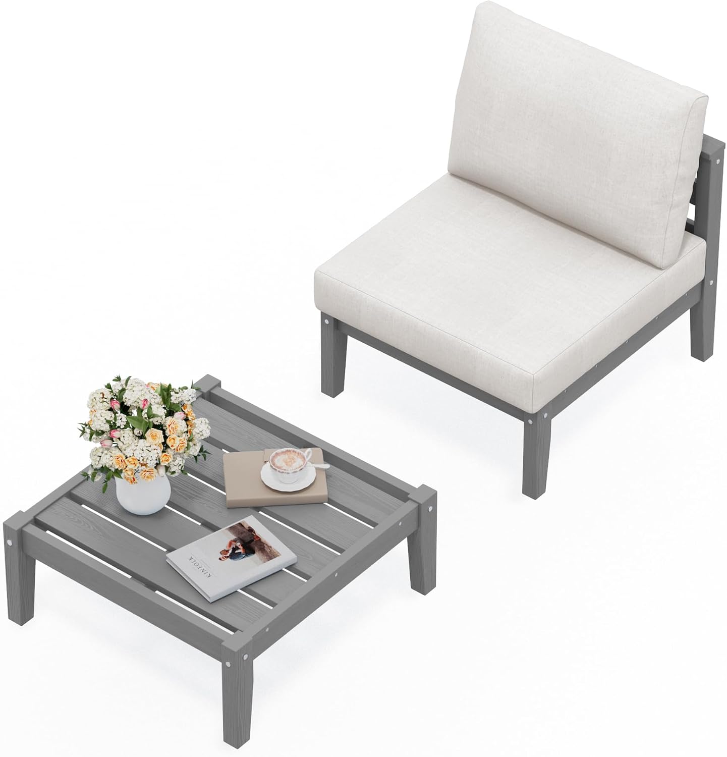 SERWALL HDPE Patio Furniture Set, 2 Pieces Outdoor Sectional Sofa Set, All-Weather Wood-Like Outdoor Sofa Couch with Coffee Table for Deck, Lawn, Grey Frame with Khaki Cushion