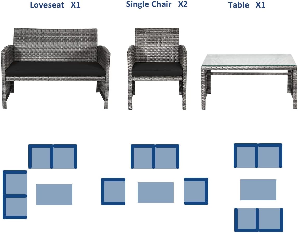 COSTWAY Patio Furniture Set 4 Pieces, Outdoor Wicker Chairs Sofa w/Coffee Table and Soft Cushions, Rattan Conversation Sets for Patio Lawn Backyard Yard Pool Garden, Black