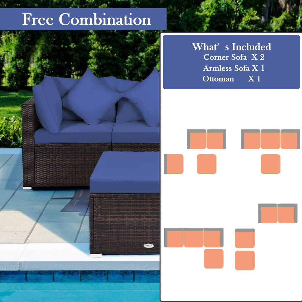 Tangkula 4 PCS Patio Rattan Sofa Set, Outdoor Wicker Sectional Furniture Set, Patio Conversation Set with Removable Cushions & Pillows for Backyard Porch Garden Poolside Balcony (Blue)