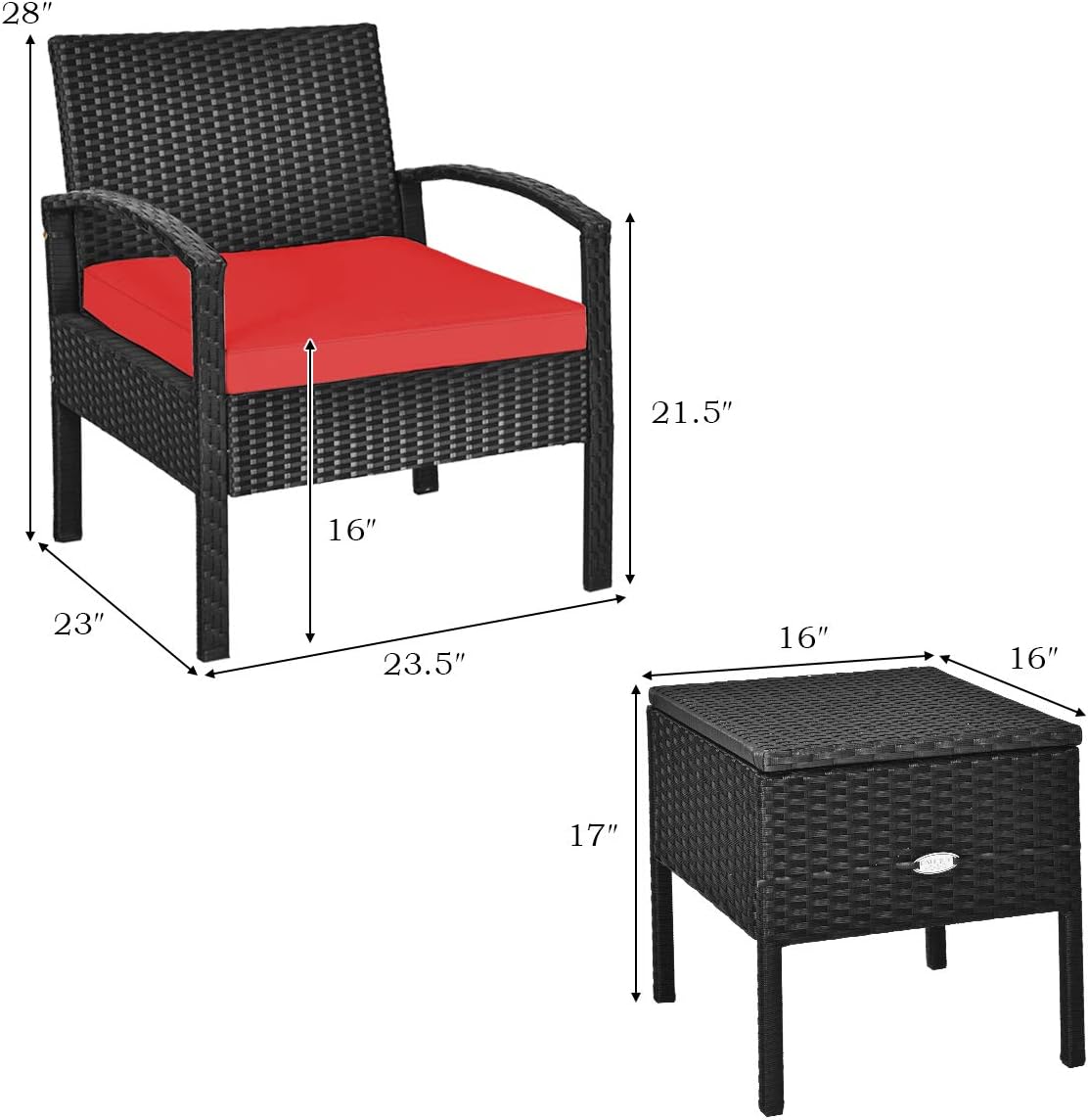 Tangkula 3 Pieces Patio Wicker Conversation Set, Outdoor Rattan Furniture with Washable Thick Cushion & Coffee Table w/Storage Space, Patio Furniture Set for Backyard Porch Garden Poolside (Red)
