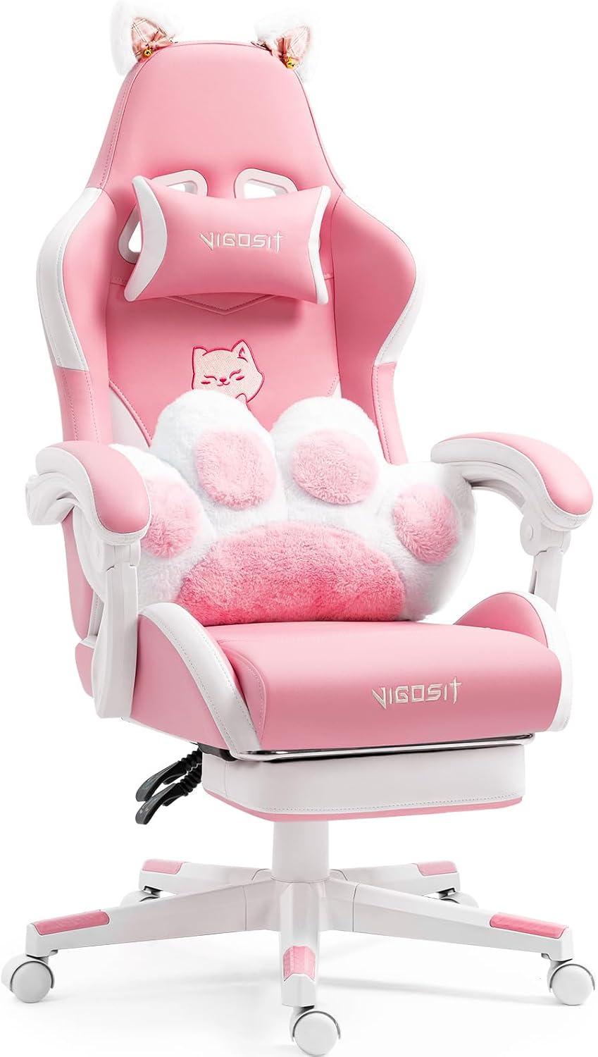 Vigosit Cute Cat Gaming Chair with Paw Lumbar Cushion, PC Video Gamer Chair for Girl Teen Woman (Pink)