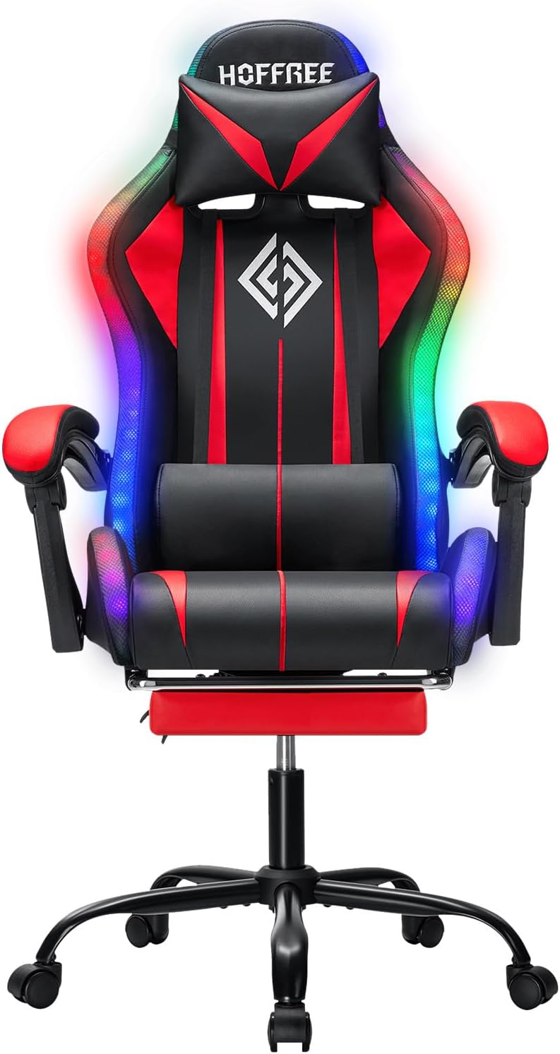 RGB Gaming Chair Massage with LED Lights and Footrest Ergonomic Computer Gaming Chair with High Back Video Game Chair with Adjustable Lumbar Support Red and Black