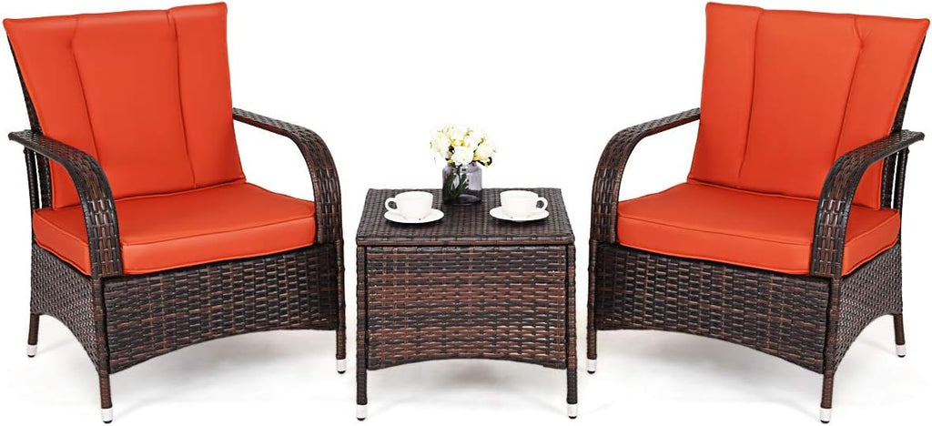 Tangkula 3 Piece Patio Furniture Set, 2 Wicker Chairs with Glass Top Coffee Table, Outdoor Garden Porch Poolside Furniture Set for 2, Rattan Conversation Set