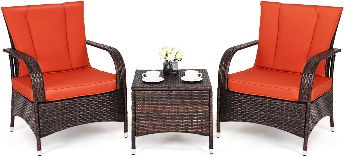 Tangkula 3 Piece Patio Furniture Set, 2 Wicker Chairs with Glass Top Coffee Table, Outdoor Garden Porch Poolside Furniture Set for 2, Rattan Conversation Set