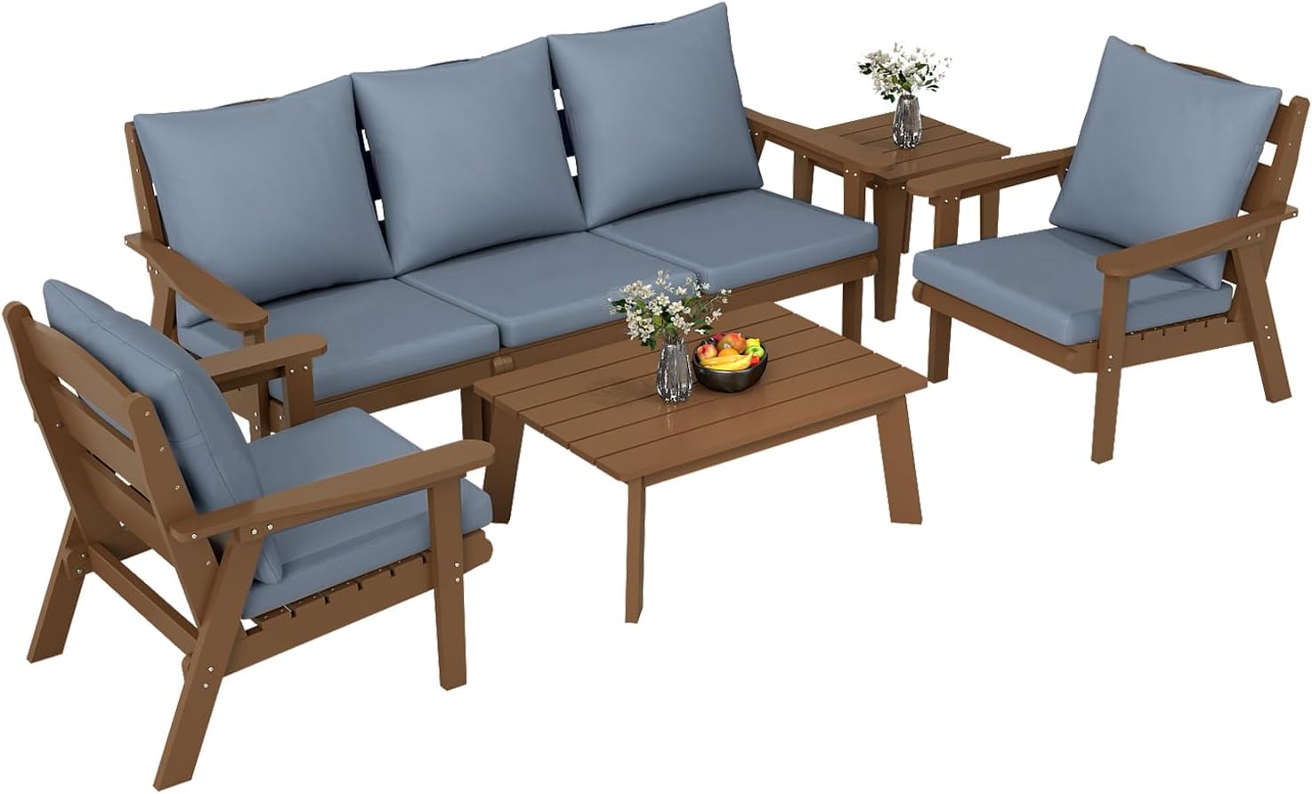 FOOWIN 7-Piece Patio Furniture Set, HDPE All-Weather Outdoor Conversation Set with Thick Cushions, Sectional Patio Sofa Furniture for Deck, Porch, Lawn, Garden, Brown Frame & Grey Cushion