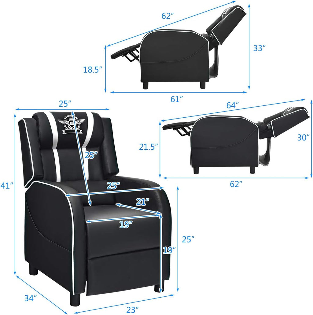 Giantex Gaming Recliner Chair, Adjustable Massage Gaming Chairs for Adults, Ergonomic Comfortable Lounge Leather Sofa w/Footrest, Remote Control, Side Pocket, Racing Style Single Sofa Recliners, White