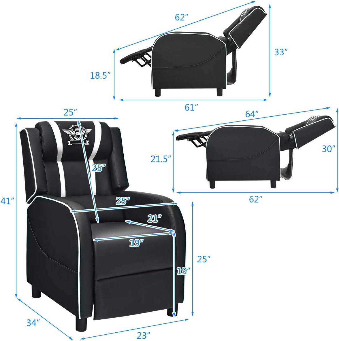 Giantex Gaming Recliner Chair, Adjustable Massage Gaming Chairs for Adults, Ergonomic Comfortable Lounge Leather Sofa w/Footrest, Remote Control, Side Pocket, Racing Style Single Sofa Recliners, White