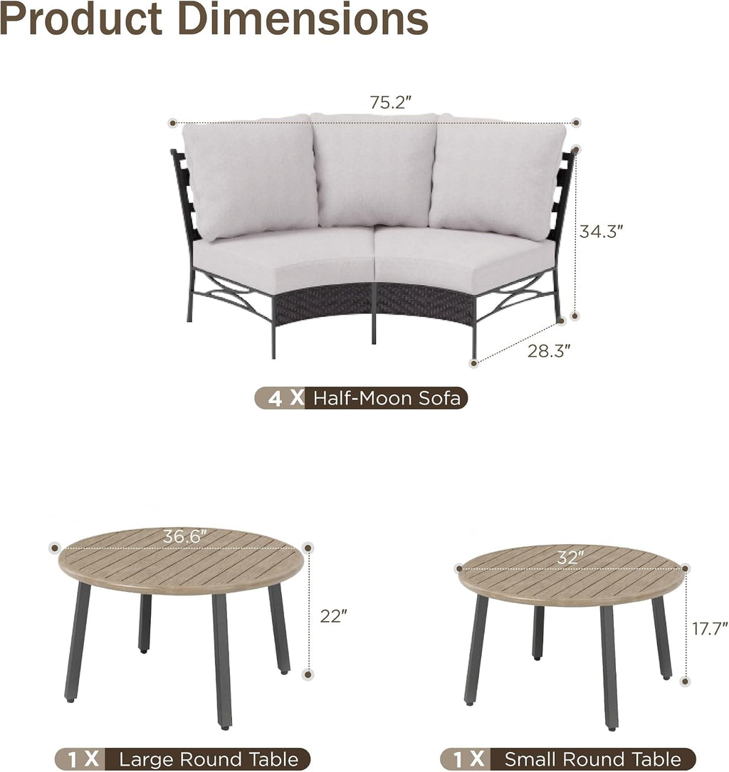 PHI VILLA Outdoor Patio Furniture Set 10 Piece, Round Sectional Curved Outdoor Sofa for 8 Persons with 2 Round Table for Garden, Poolside, Balcony, Backyard