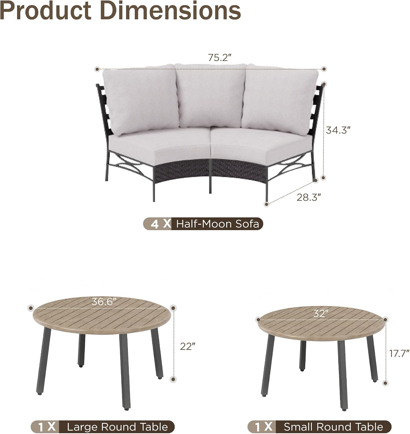 PHI VILLA Outdoor Patio Furniture Set 10 Piece, Round Sectional Curved Outdoor Sofa for 8 Persons with 2 Round Table for Garden, Poolside, Balcony, Backyard