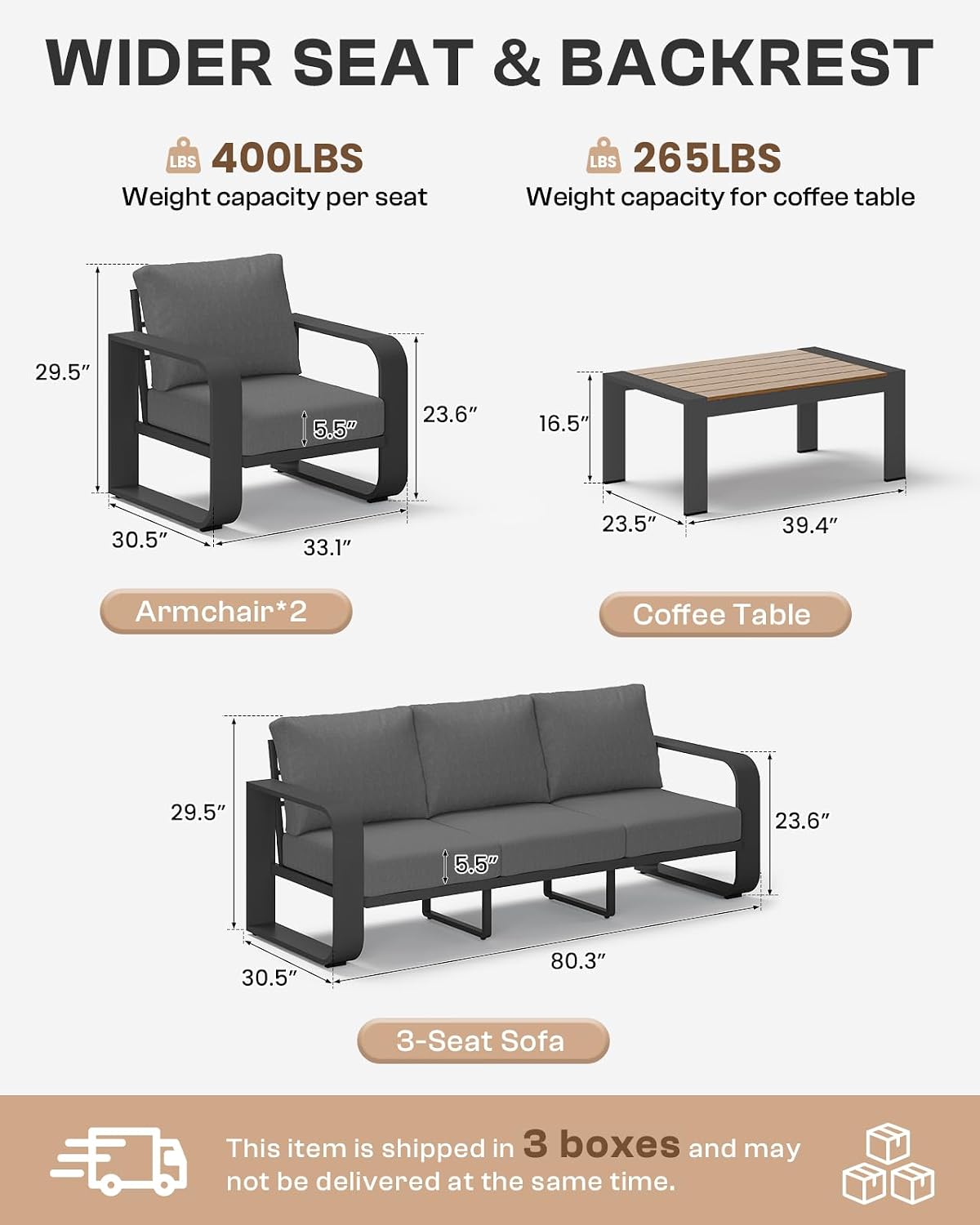 Oversized Aluminum Outdoor Furniture Set, Extra Large Patio Furniture Sofa Set 4.8' Widened Armrest & Ultra-Thick Cushions, 4 Pcs Modern Patio Sectional for Backyard, Porch, Graphite
