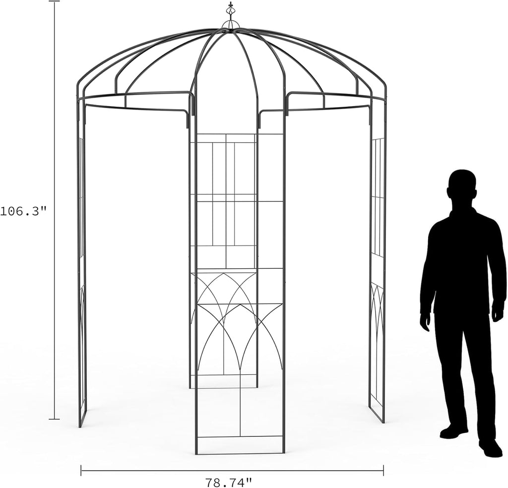 GarveeTech 8.8 ft Birdcage Shape Garden Arch, Reinforced Metal Arbor for Climbing Flowers, Rust-Resistant Wedding Pergola for Outdoor Party, Decorative Pavilion for Patio, Backyard, Garden (Black)