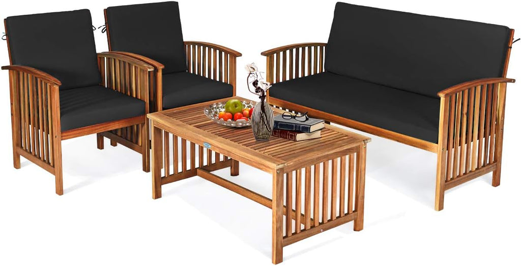 Tangkula Outdoor 4 PCS Acacia Wood Sofa Set w/Water Resistant Cushions, Padded Patio Seating Chat Set w/Coffee Table for Garden, Backyard, Poolside (1, Black)