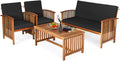 Tangkula Outdoor 4 PCS Acacia Wood Sofa Set w/Water Resistant Cushions, Padded Patio Seating Chat Set w/Coffee Table for Garden, Backyard, Poolside (1, Black)
