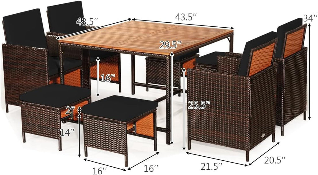 Tangkula 9 Pieces Acacia Wood Patio Dining Set, Space Saving Wicker Chairs and Wood Table with Umbrella Hole Outdoor Furniture Set, Suitable for Garden, Yard, Poolside, Outdoor Seating Set (Black)