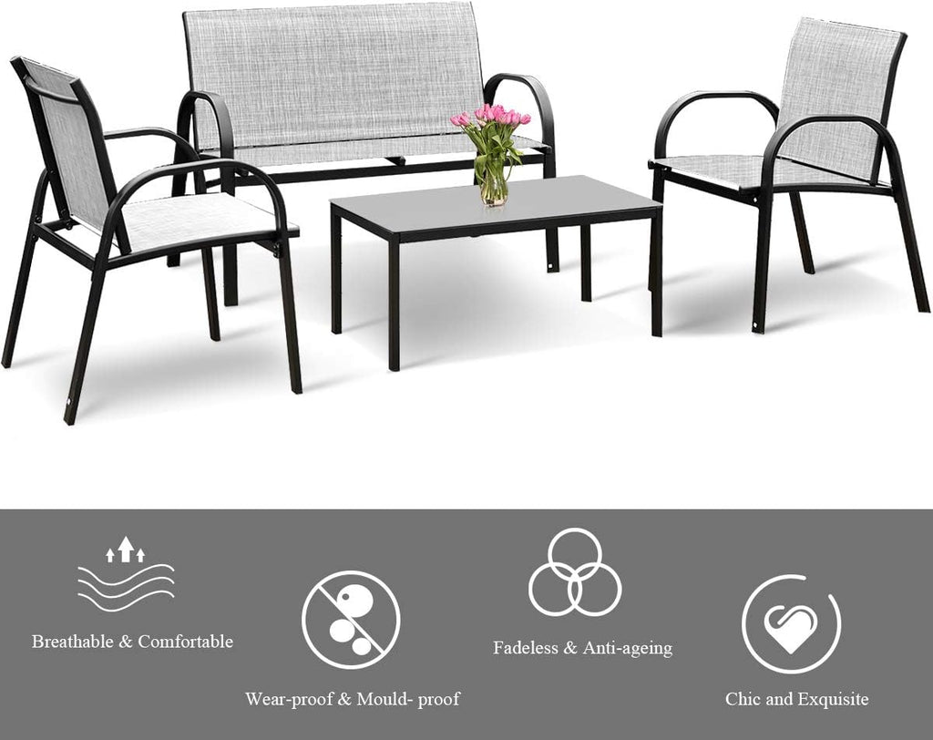 Tangkula 4 Pieces Patio Furniture Set, Metal Frame Heavy Duty Outdoor Conversation Set, Includes Glass Top Coffee Table, 2 Armrest Chairs and Loveseat, Suitable for Lawn Garden Porch Balcony (Gray)