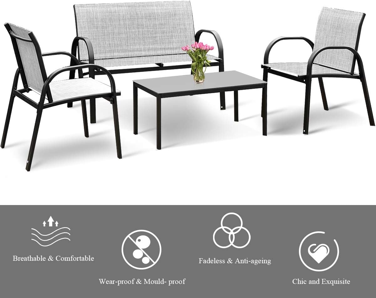 Tangkula 4 Pieces Patio Furniture Set, Metal Frame Heavy Duty Outdoor Conversation Set, Includes Glass Top Coffee Table, 2 Armrest Chairs and Loveseat, Suitable for Lawn Garden Porch Balcony (Gray)