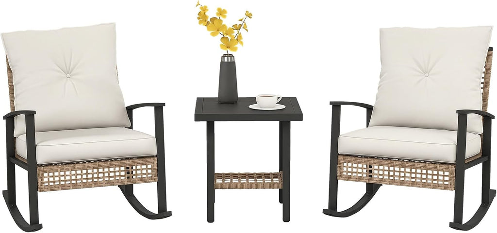 Outsunny 3 Pieces Rocking Wicker Outdoor Bistro Set, Rattan Patio Furniture Set with Coffee Table and Porch Chairs, Button Tufted Cushions for Backyard, Balcony, Garden, White