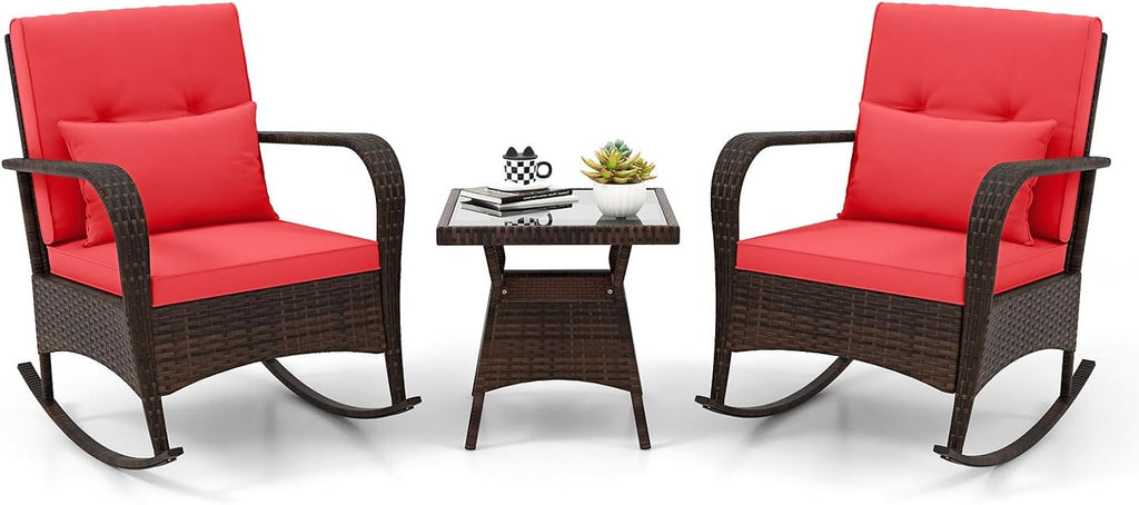 ORALNER 3 Pieces Patio Furniture Set, Outdoor Wicker Rocking Chairs with Cushions, Pillows, Glass Coffee Table, Rattan Bistro Rocker Set for Balcony Front Porch Poolside Garden Deck Yard (Red)