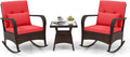ORALNER 3 Pieces Patio Furniture Set, Outdoor Wicker Rocking Chairs with Cushions, Pillows, Glass Coffee Table, Rattan Bistro Rocker Set for Balcony Front Porch Poolside Garden Deck Yard (Red)