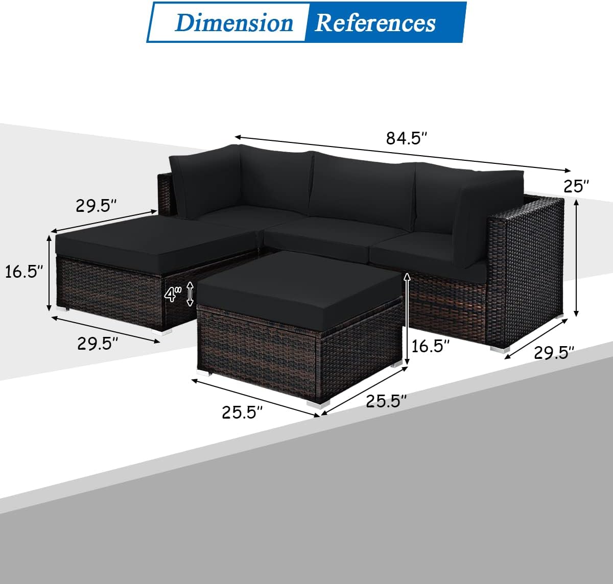 COSTWAY 5-Piece Outdoor Patio Furniture Set, Side Table, Ottoman and Lounge Sofa with Cushions, PE Rattan Conversation Set for Garden, Deck, Backyard (Black)