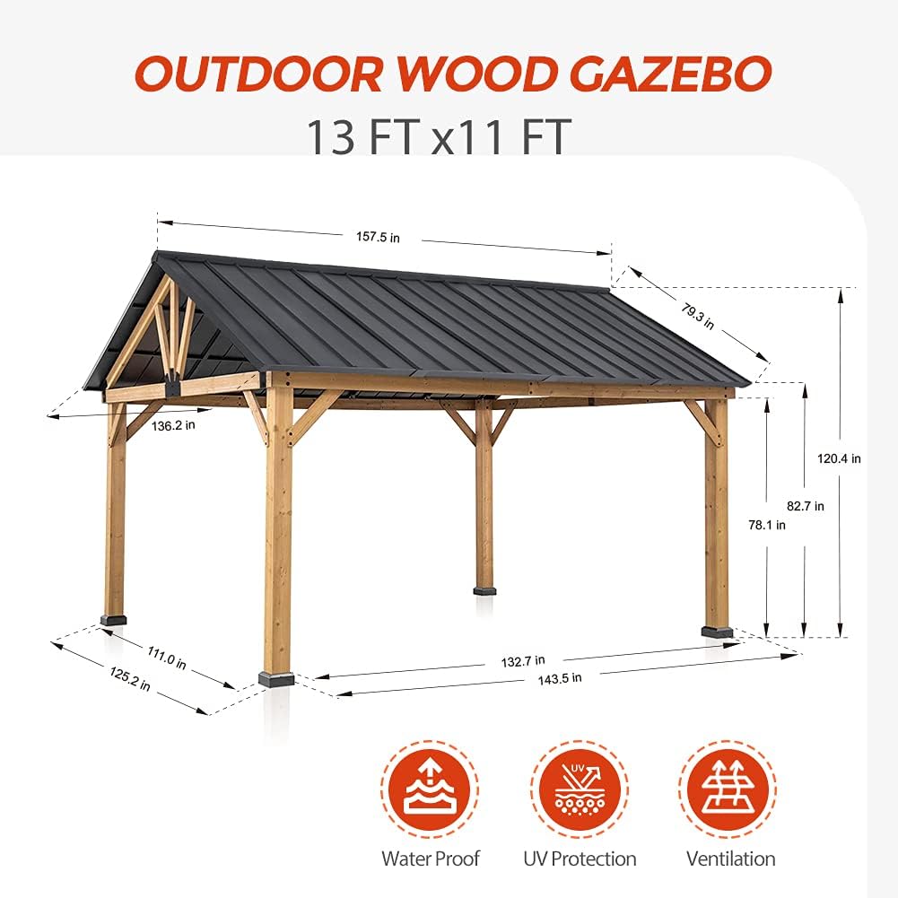 EAGLE PEAK 11x13 Hardtop Gazebo, Exposed Beam A-Frame Gazebo, Galvanized Steel Gable Roof with Cedar Wood Frame, Outdoor Pavilion for Patio, Deck, Lawn and Garden, Natural Wood/Black
