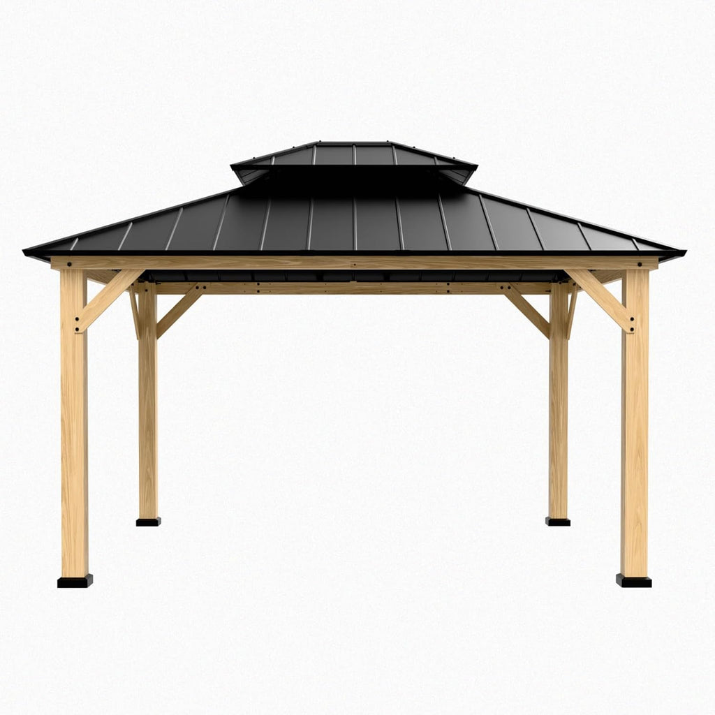 COOS BAY 11x13 Hardtop Gazebo with Cedar Wood Frame, Galvanized Steel Double Roof with UV Protection for Garden, Patio, Poolside, Backyard, Natural Wood/Black