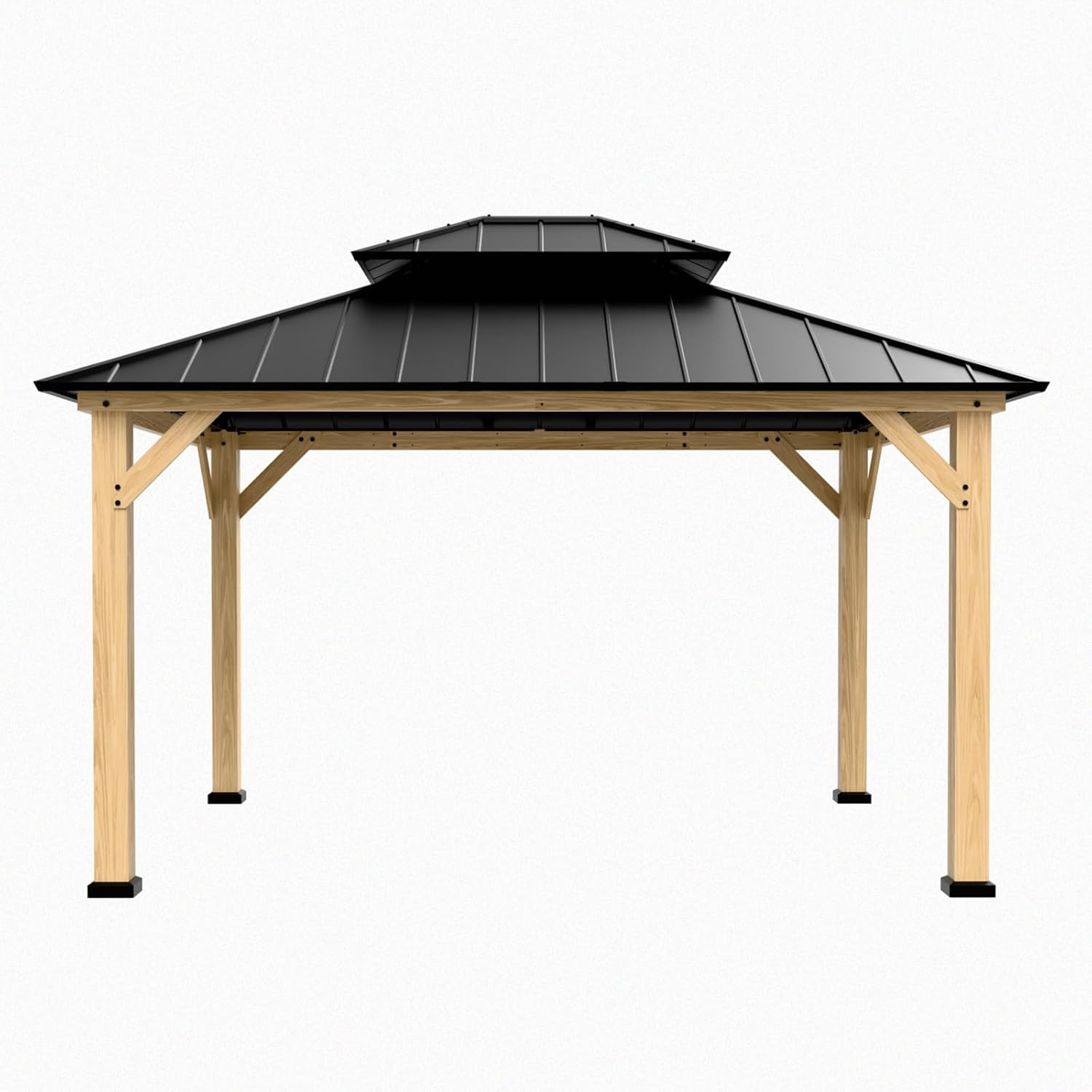 COOS BAY 11x13 Hardtop Gazebo with Cedar Wood Frame, Galvanized Steel Double Roof with UV Protection for Garden, Patio, Poolside, Backyard, Natural Wood/Black