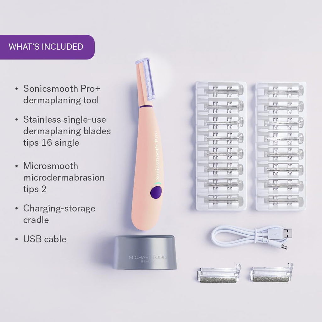 Michael Todd Beauty Sonicsmooth Pro+ Dermaplane Razor for Women Face + Eyebrow Trimmer Dermaplaning System w/LED Light Peach Fuzz Remover -16 Dermaplaning Blades & 2 Microsmooth Exfoliation Tips