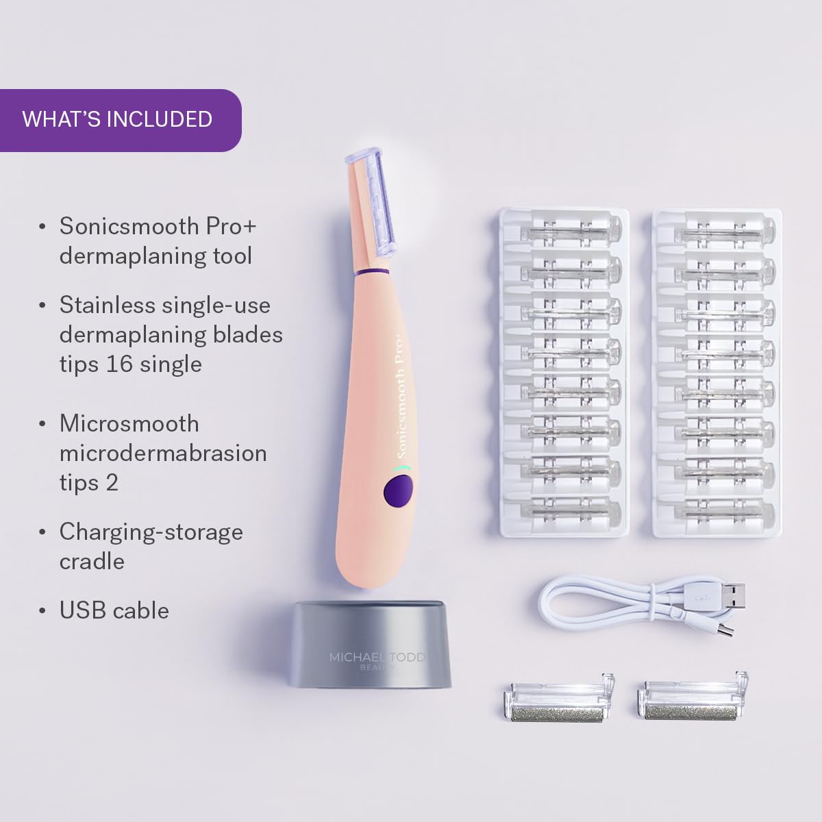 Michael Todd Beauty Sonicsmooth Pro+ Dermaplane Razor for Women Face + Eyebrow Trimmer Dermaplaning System w/LED Light Peach Fuzz Remover -16 Dermaplaning Blades & 2 Microsmooth Exfoliation Tips