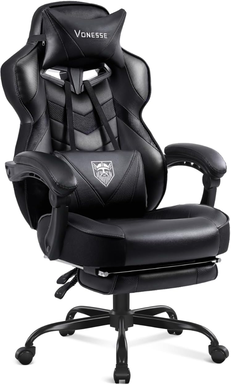 Vonesse Gaming Chair, High Back Office Chair with Footrest and Massage, Gaming Chairs for Adults with Pocket Spring Cushion, Big and Tall Reclining Computer Chair with Lumbar Support (Classic Black)