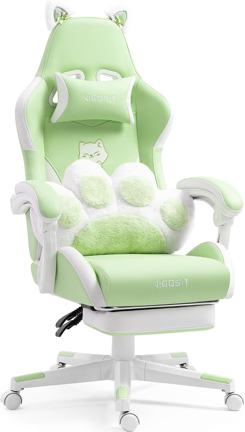Vigosit Cute Cat Gaming Chair with Paw Lumbar Cushion, PC Video Gamer Chair for Girl Teen Woman (Green)