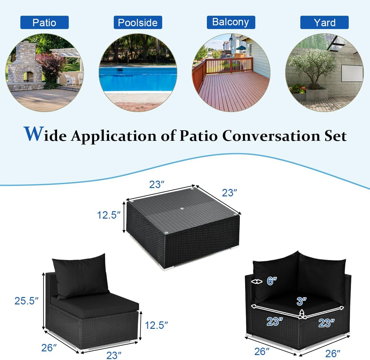 COSTWAY 7 Pieces Patio Furniture Set, Outdoor Rattan Conversation Set with 6 Seats, Coffee Tea Table, Soft Cushions, Wicker Patio Sectional Sofa for Garden Balcony Porch Poolside, Black