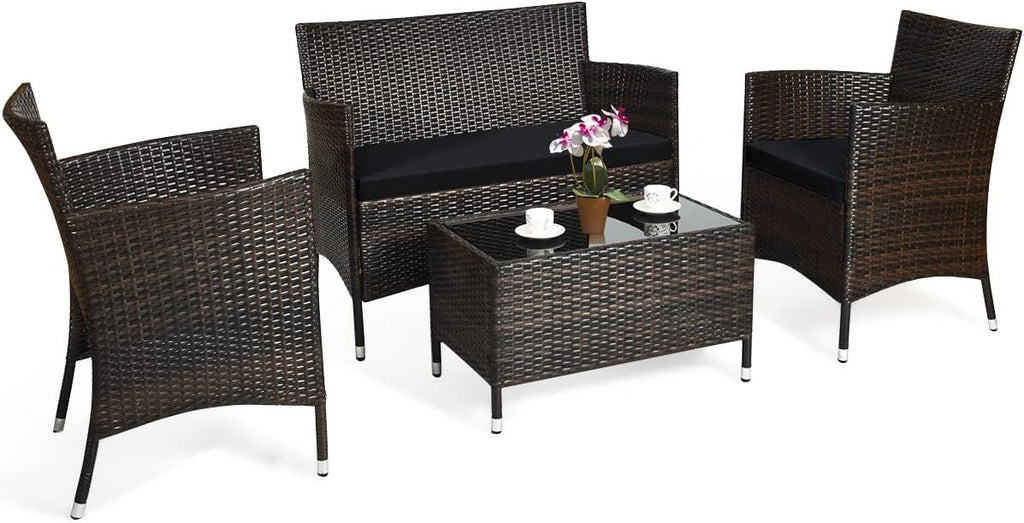 COSTWAY 4PCS Rattan Patio Furniture Set, Outdoor Wicker Rattan Chairs with Coffee Table, Rattan Cushioned Conversation Set for Backyard Balcony Porch Poolside, Black