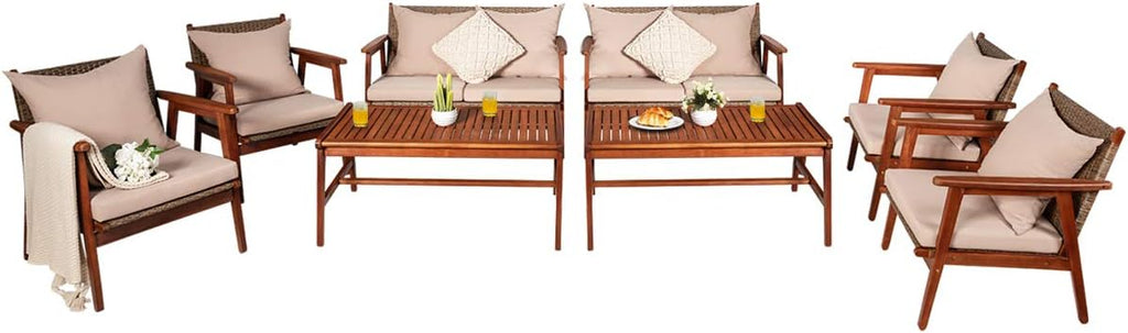 Tangkula 8 PCS Patio Wood Sofa Set, Outdoor Acacia Wood Seating Chat Set with Cushions & Coffee Table, Sectional Conversation Sofa Set for Garden, Backyard, Poolside (2, Brown)