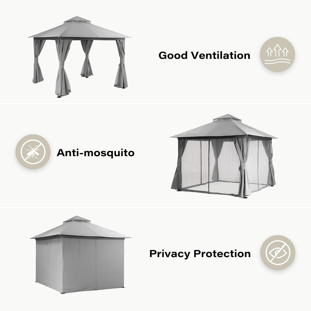 LAUSAINT HOME Gazebo 10x10ft, Heavy Duty Patio Gazebo with Expansion Bolts, Party Canopy Tent with Double Roofs, Mosquito Nettings and Privacy Screens for Backyard, Garden, Lawn, Grey