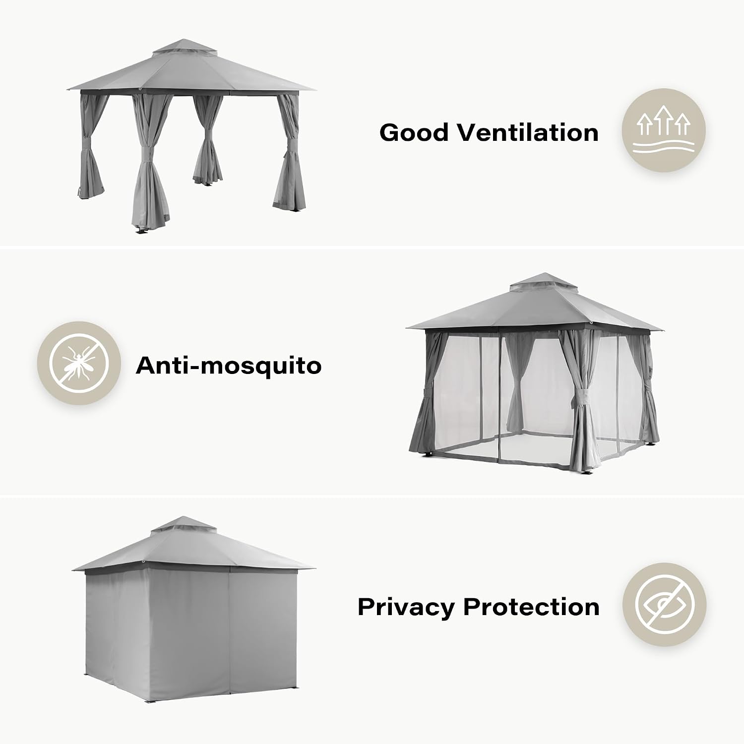LAUSAINT HOME Gazebo 10x10ft, Heavy Duty Patio Gazebo with Expansion Bolts, Party Canopy Tent with Double Roofs, Mosquito Nettings and Privacy Screens for Backyard, Garden, Lawn, Grey