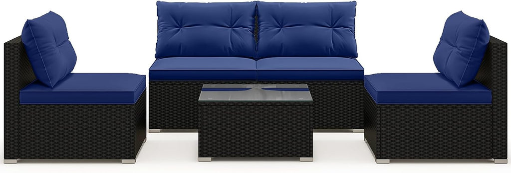 RELAX4LIFE 5-Piece Outdoor Patio Furniture Set, Rattan Sectional Sofa Set w/Glass-Top Coffee Table, Soft Seat & Back Cushions, Bistro Set for Garden Backyard Porch, Wicker Conversation Set (Navy)
