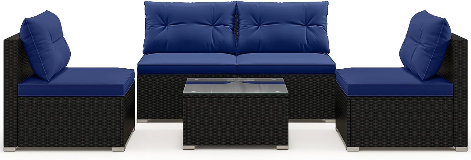RELAX4LIFE 5-Piece Outdoor Patio Furniture Set, Rattan Sectional Sofa Set w/Glass-Top Coffee Table, Soft Seat & Back Cushions, Bistro Set for Garden Backyard Porch, Wicker Conversation Set (Navy)