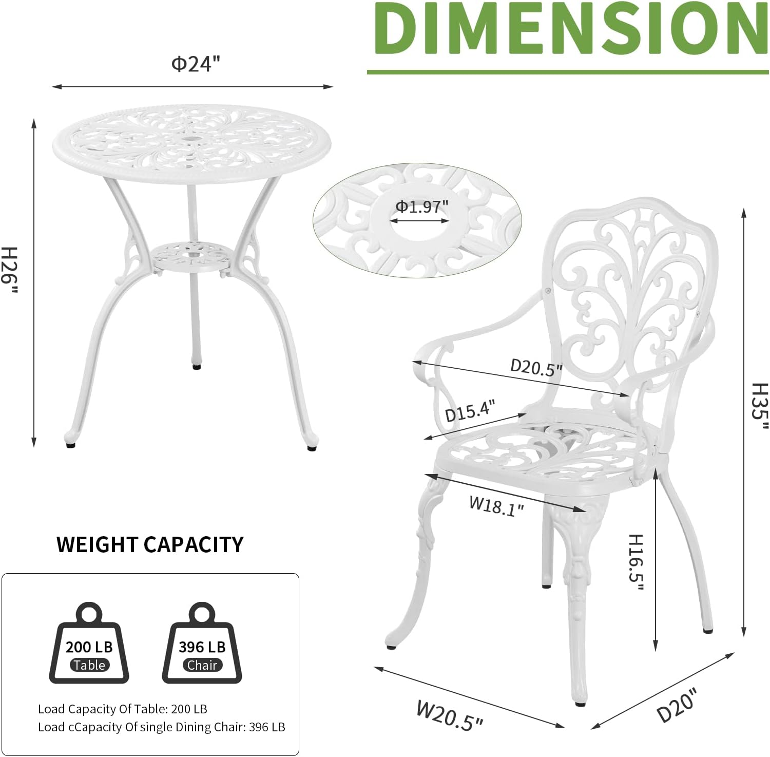 Patio Bistro Sets 3 Piece,Cast Aluminum Bistro Table and Chairs Set of 2 with 1.97' Umbrella Hole,All Weather Bistro Table Set Outdoor Patio Furniture for Garden,Yard(Butterfly White)