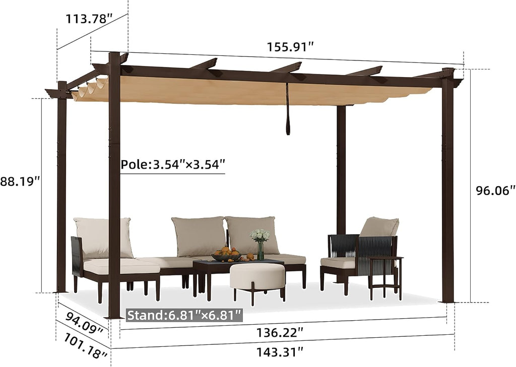 PURPLE LEAF 10' x 13' Outdoor Retractable Pergola Aluminum with Sun Shade Canopy DIY Patio Modern Heavy-Duty Bronze Shelter for Garden Yard Pavilion Grape Trellis Porch, Beige