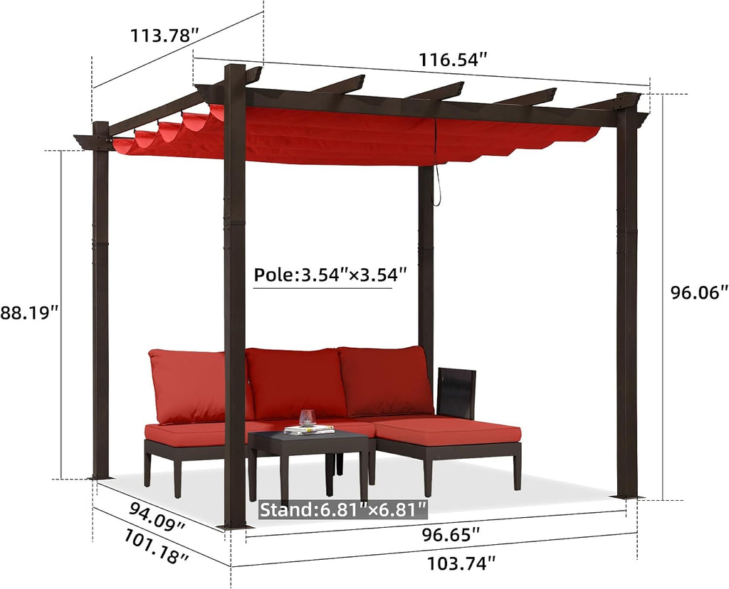 PURPLE LEAF 10' X 10' Retractable Metal Pergola with Canopy and Shade Cover for Garden, Yard, Deck, Beach, Terra