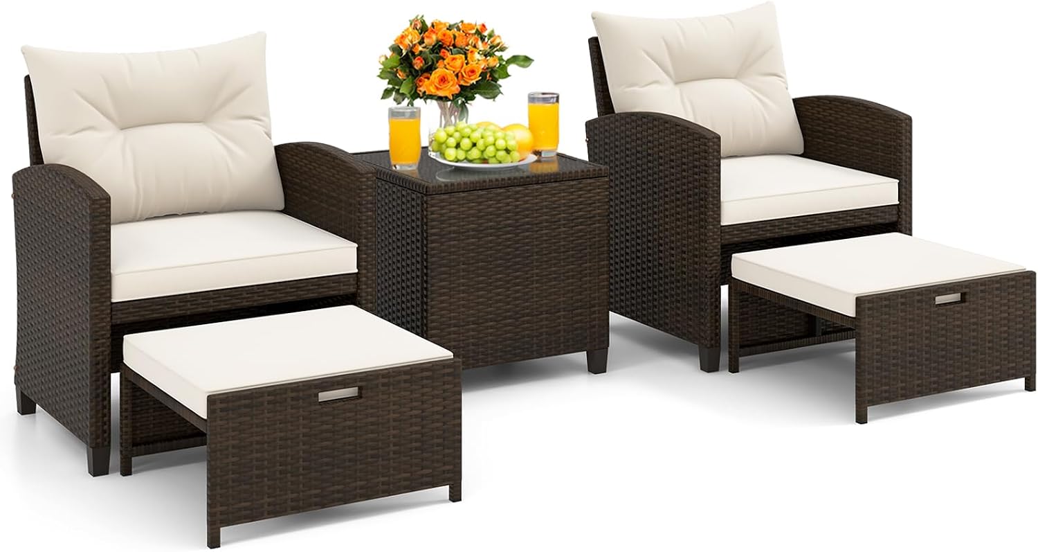 KOTEK 5 Pieces Patio Furniture Set with Ottomans, Wicker Patio Conversation Set with Coffee Table & Cushions, PE Rattan Outdoor Lounge Chairs for Backyard, Porch, Poolside (Mix Brown- Off White)