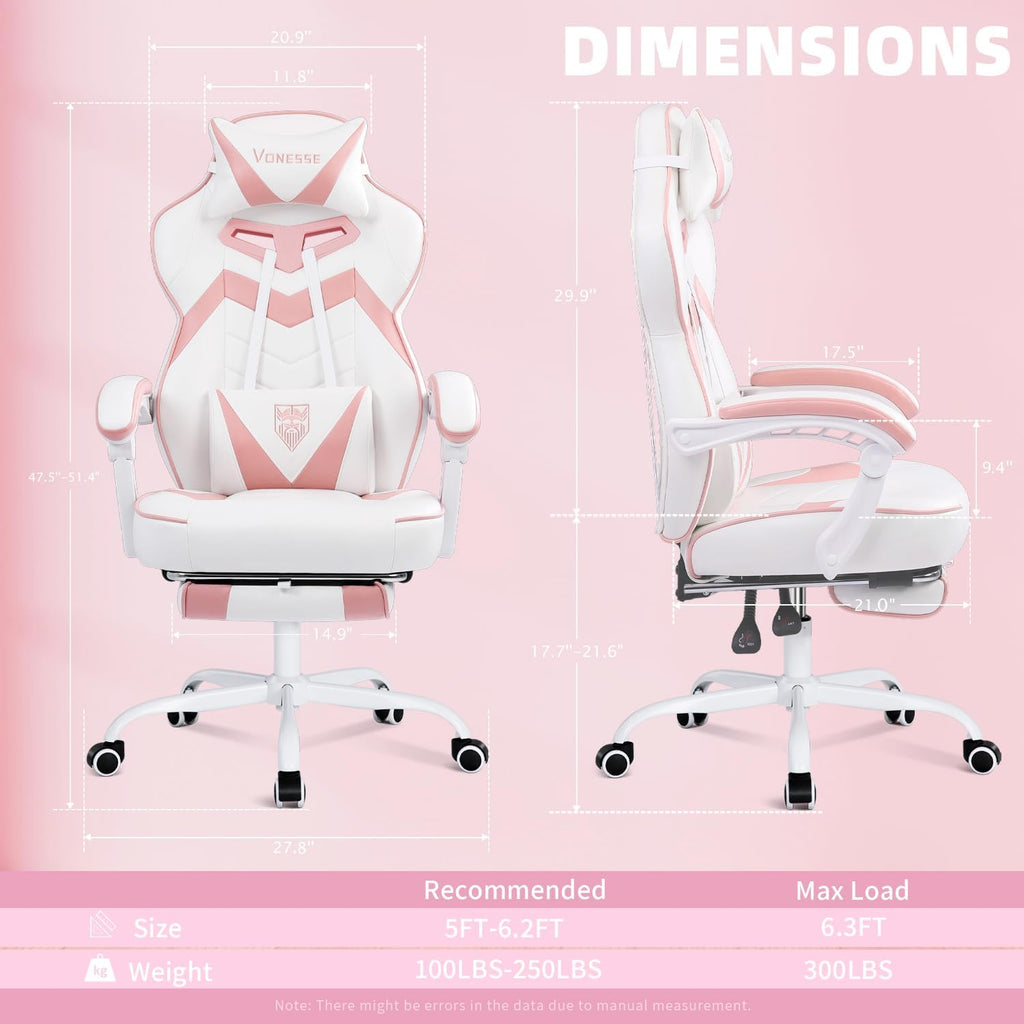Vonesse Gaming Chair, High Back Pink Gaming Chair with Footrest and Massage, Gaming Chairs for Adults with Pocket Spring Cushion, Big and Tall Reclining Computer Chair with Lumbar Support (White/Pink)